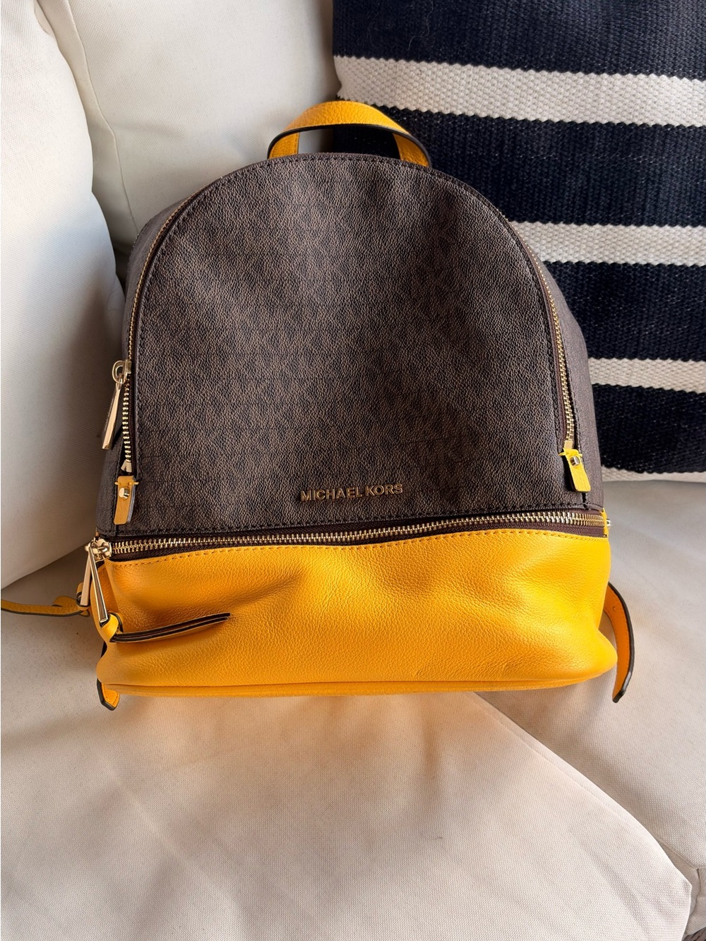 Michael Kors Brown and Yellow Leather-Trim Signature Satchel